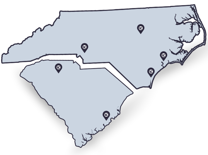 Map of North and South Carolina with six locations marked, related to concrete industry presence.