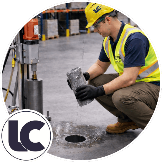 Worker in safety gear inspecting concrete core sample near a drilled hole on a polished floor.