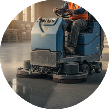 Worker operating blue floor scrubbing machine, cleaning a large concrete surface in an industrial setting.