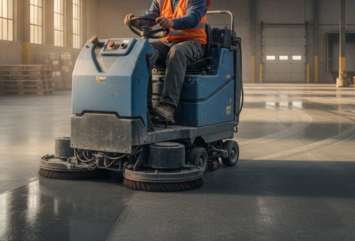 Worker in an orange vest operates a blue floor scrubber on polished concrete in a spacious, well-lit warehouse.