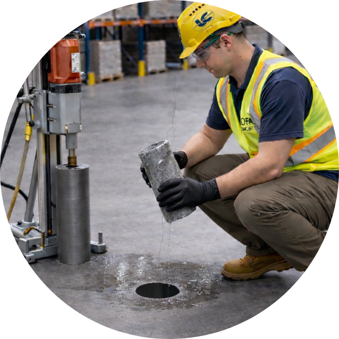 Worker in safety gear examines cylindrical concrete core sample near hole, next to coring machine.