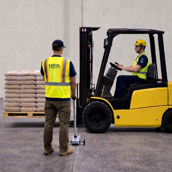 Forklift operator in a yellow vest transports concrete bags on a pallet. Another worker in a "Loral Concrete" vest stands nearby.