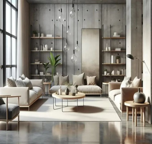 Modern living room with concrete walls, plush sofas, minimalist shelves, hanging lights, and large windows. Neutral tones and greenery accent the spac